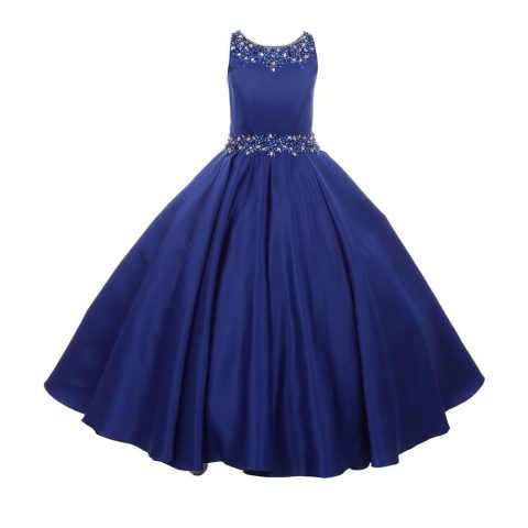 Little Girls Royal Blue Beaded Pleated Dull Satin Flower Girl Dress 4-6