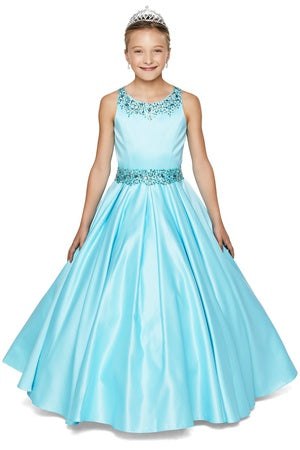 Big Girls Aqua Shimmery Beaded Pleated Dull Satin Junior Bridesmaid Dress 8-16