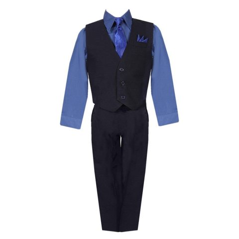 Little Boys Black Navy Shirt Vest Pants Neck Tie Pocket Hanky 5 pcs Suit 2-7