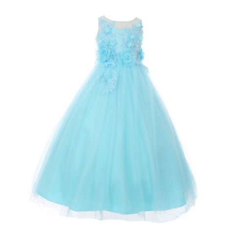 Big Girls Aqua 3D Flower Adorned Tulle Illusion Junior Bridesmaid Dress 8-16
