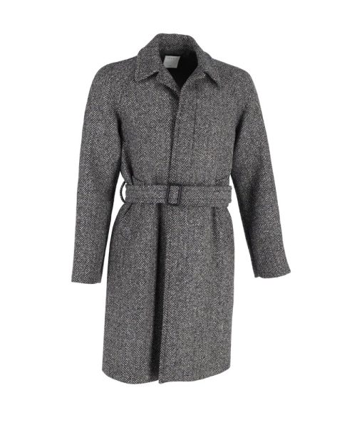 Sandro Paris Herringbone Belted Coat in Grey Wool Blend