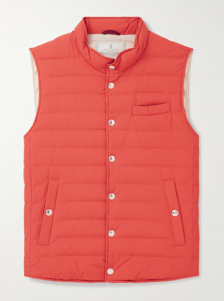 Brunello Cucinelli Men’s Slim Fit Quilted Nylon Down Vest In Orange