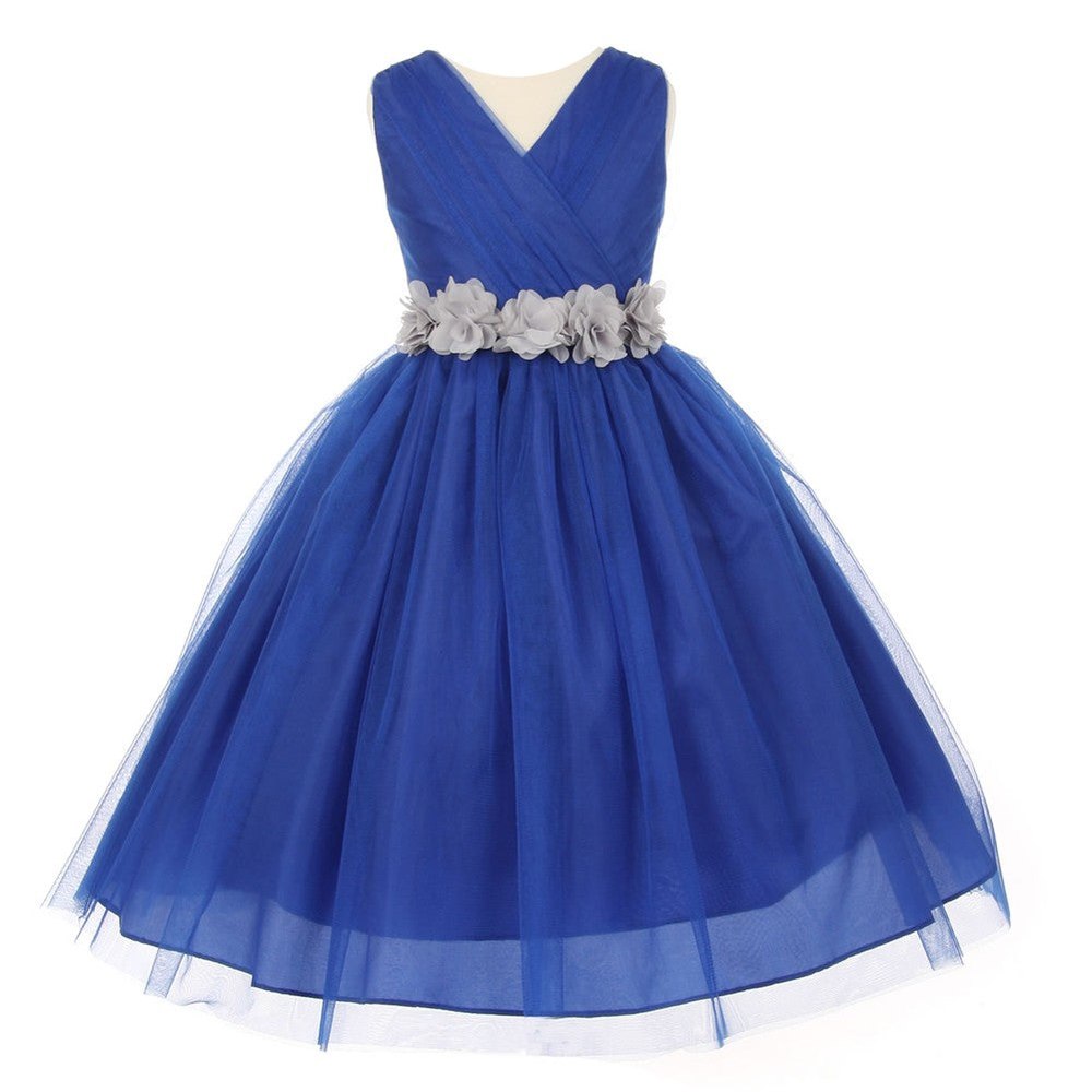 Big Girls Royal Blue Silver Chiffon Flowers Tulle Junior Bridesmaid Dress 8-14