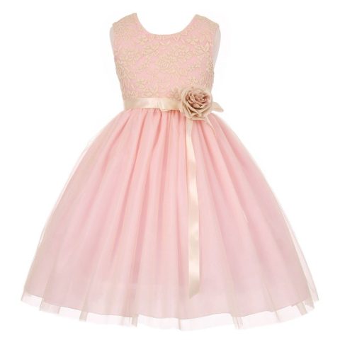 Big Girls Pink Lace Satin Sash Corsage Tulle Junior Bridesmaid Dress 8-14