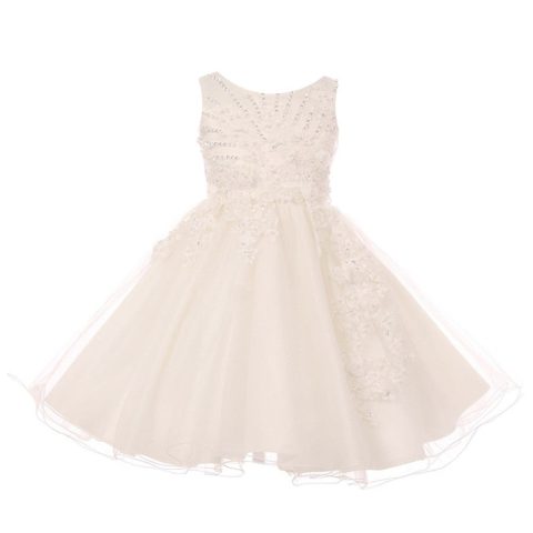 Big Girls Ivory Pearl Beaded Glitter Tulle Junior Bridesmaid Dress 8-12