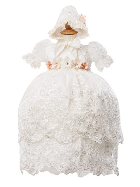 Little Girls Ivory Puff Sleeve Headband 3 Pc Baptism Gown Set 2-3