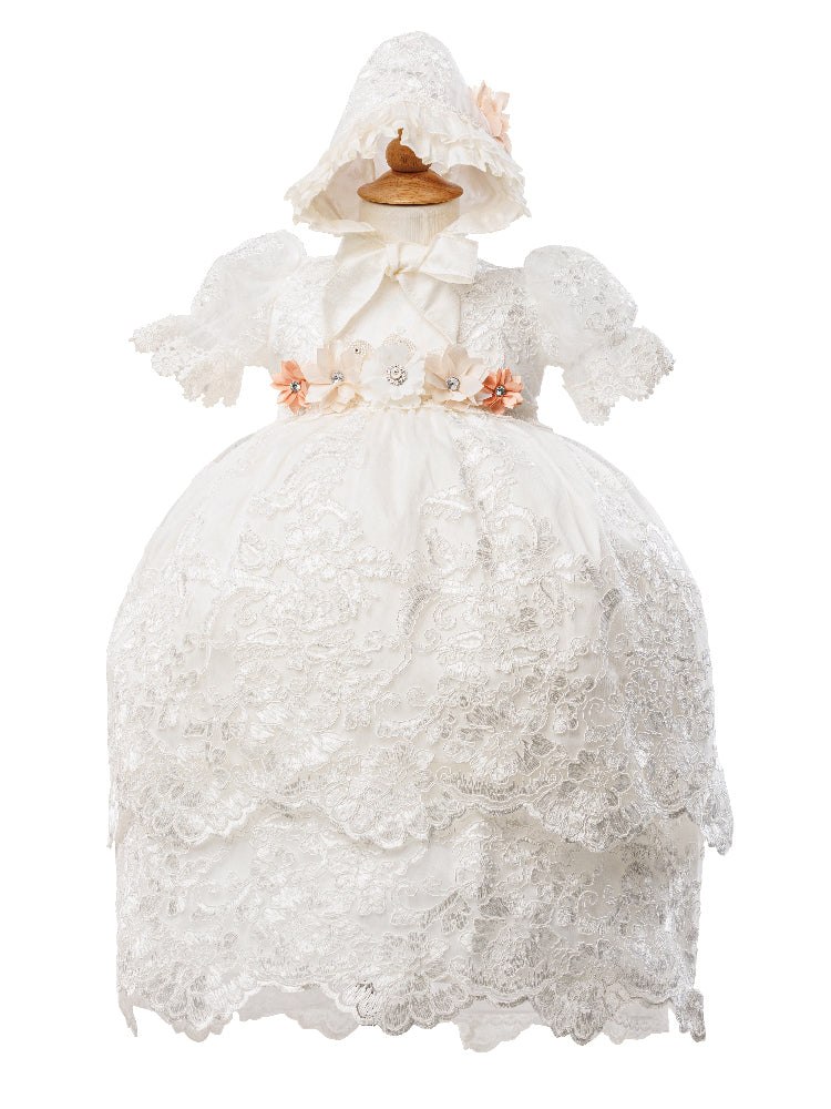 Little Girls Ivory Puff Sleeve Headband 3 Pc Baptism Gown Set 2-3