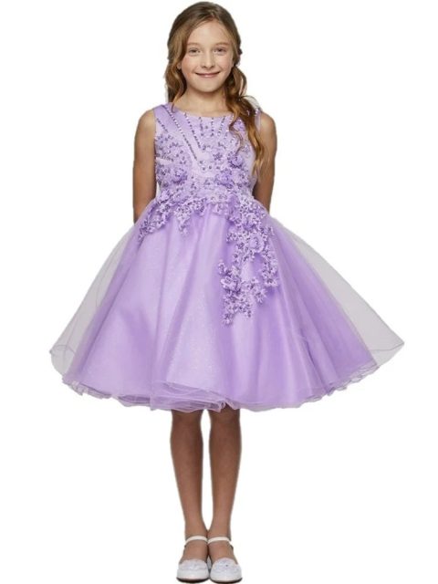 Girls Lavender Pearl Beaded Glitter Tulle Flower Girl Dress 2-12