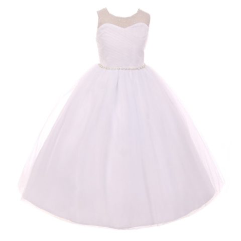 RainKids Little Girls White Pearl Rhinestone Tulle Flower Girl Dress 2-6