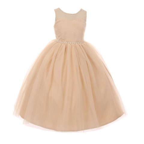 RainKids Little Girls Champagne Pearl Rhinestone Tulle Flower Girl Dress 2-6