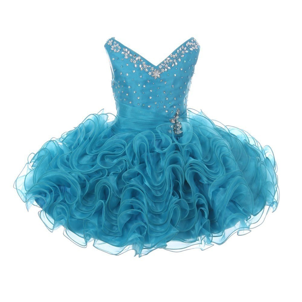 RainKids Little Girls Turquoise Beading Ruffle Organza Short Pageant Dress 2-4T