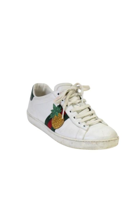 Gucci Womens Lace Up Pineapple Ladybug Ace Sneakers White Leather