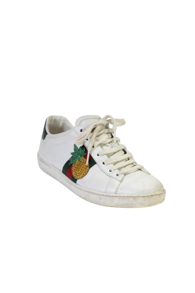 Gucci Womens Lace Up Pineapple Ladybug Ace Sneakers White Leather