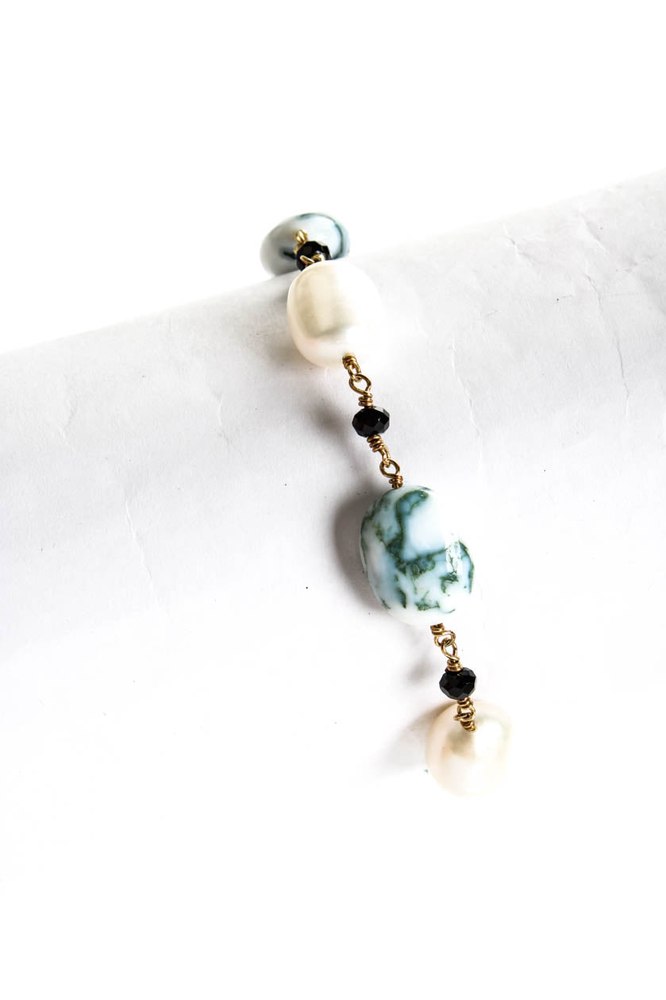 Rarities Womens Sterling Silver Yellow Gold Plated Tree Agate Pearl Beaded Toggle Bracelet 8
