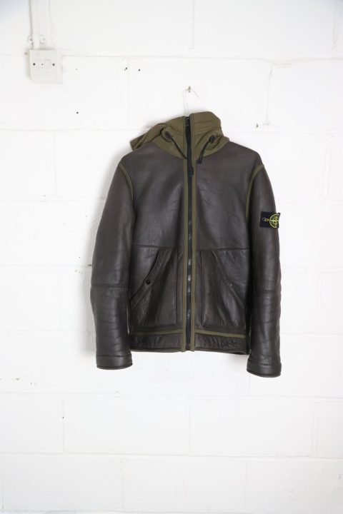 Stone Island Front Zip Hooded Jacket in Brown Sheepskin Leather