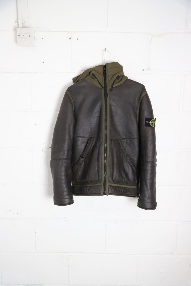 Stone Island Front Zip Hooded Jacket in Brown Sheepskin Leather