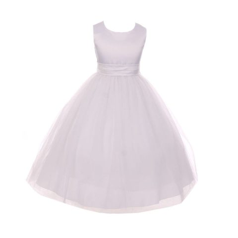 Big Girls White Tulle Satin Sash Bow Junior Bridesmaid Dress 8-14