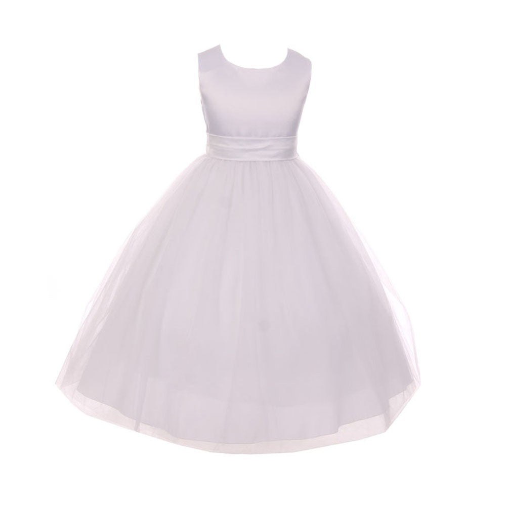 Big Girls White Tulle Satin Sash Bow Junior Bridesmaid Dress 8-14