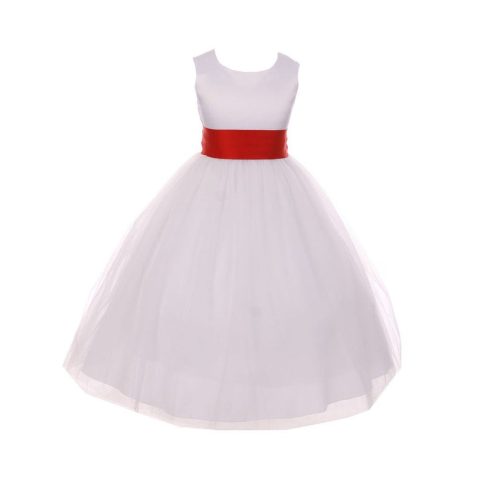 Big Girls White Red Tulle Satin Sash Bow Junior Bridesmaid Dress 8-14