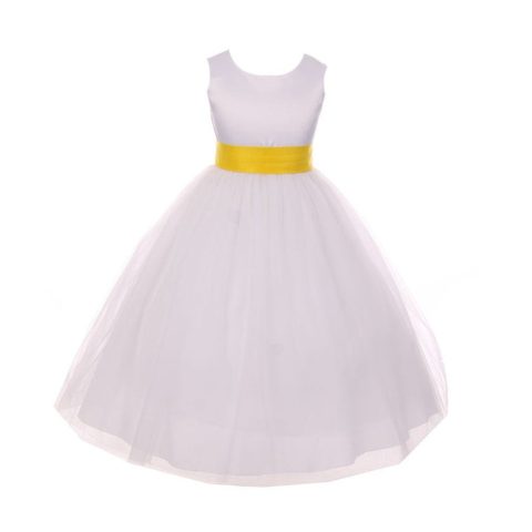 Little Girls White Yellow Tulle Satin Sash Bow Flower Girl Dress 2-6