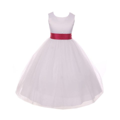 Big Girls White Fuchsia Satin Sash Bow Junior Bridesmaid Dress 8-14