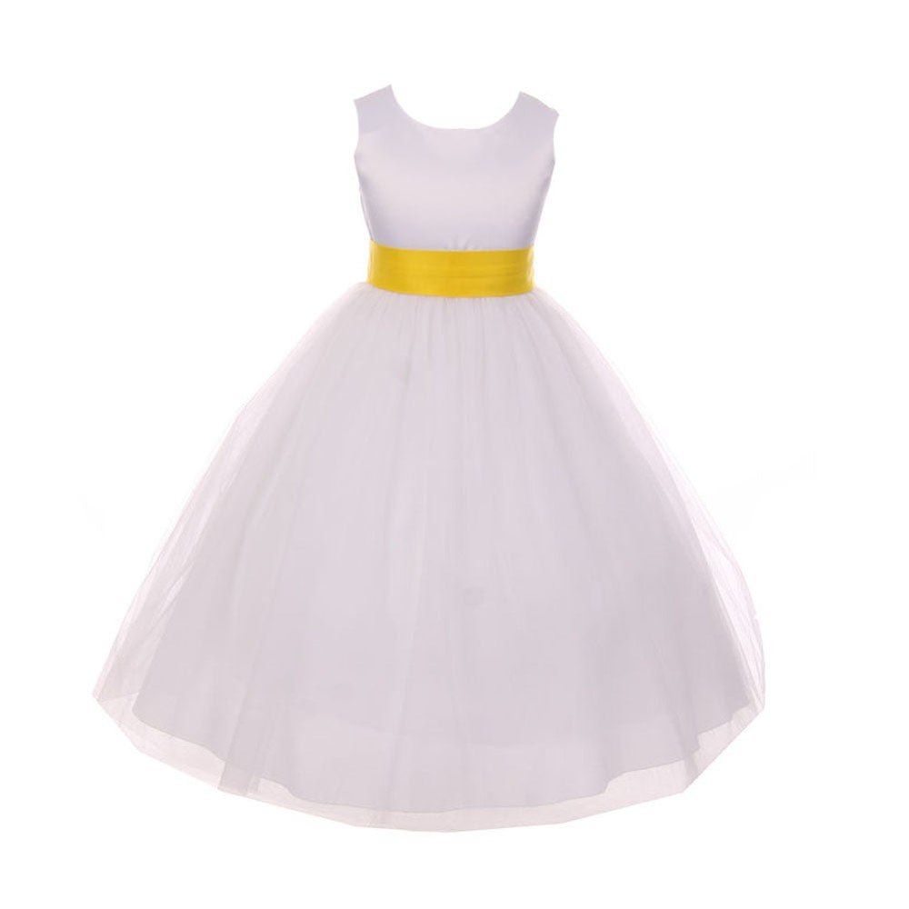Big Girls White Yellow Satin Sash Bow Junior Bridesmaid Dress 8-14