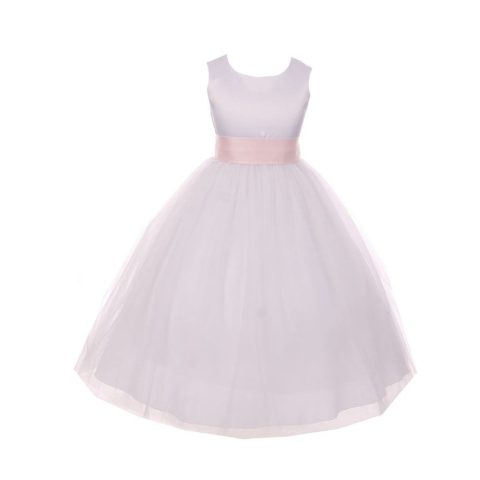 Big Girls White Pink Satin Sash Bow Junior Bridesmaid Dress 8-14