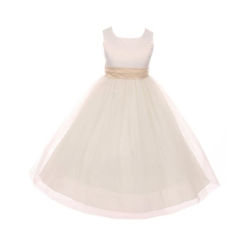 Little Girls Ivory Champagne Satin Sash Bow Flower Girl Dress 2-6