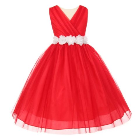 Little Girls Red White Chiffon Floral Sash Tulle Flower Girl Dress 2-6