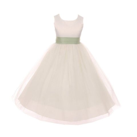 Big Girls Ivory Sage Tulle Satin Sash Junior Bridesmaid Dress 8-14