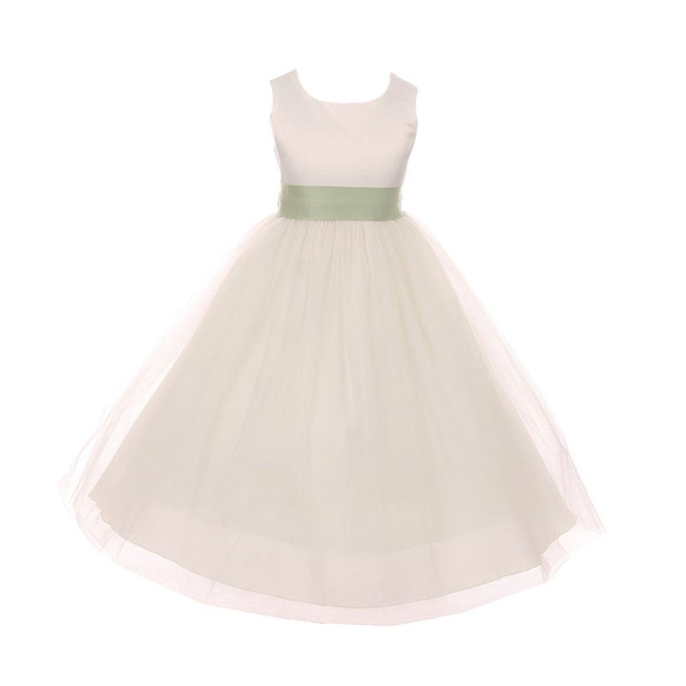 Big Girls Ivory Sage Tulle Satin Sash Junior Bridesmaid Dress 8-14