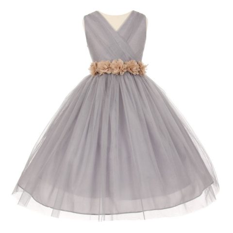 Little Girls Silver Champagne Chiffon Floral Sash Tulle Flower Girl Dress 2-6