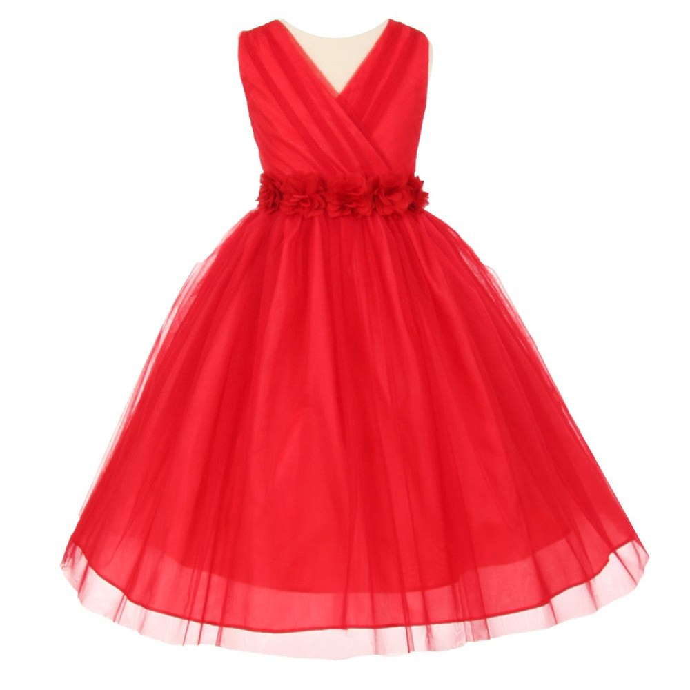 Big Girls Red Chiffon Flowers Crystal Tulle Junior Bridesmaid Dress 8-14
