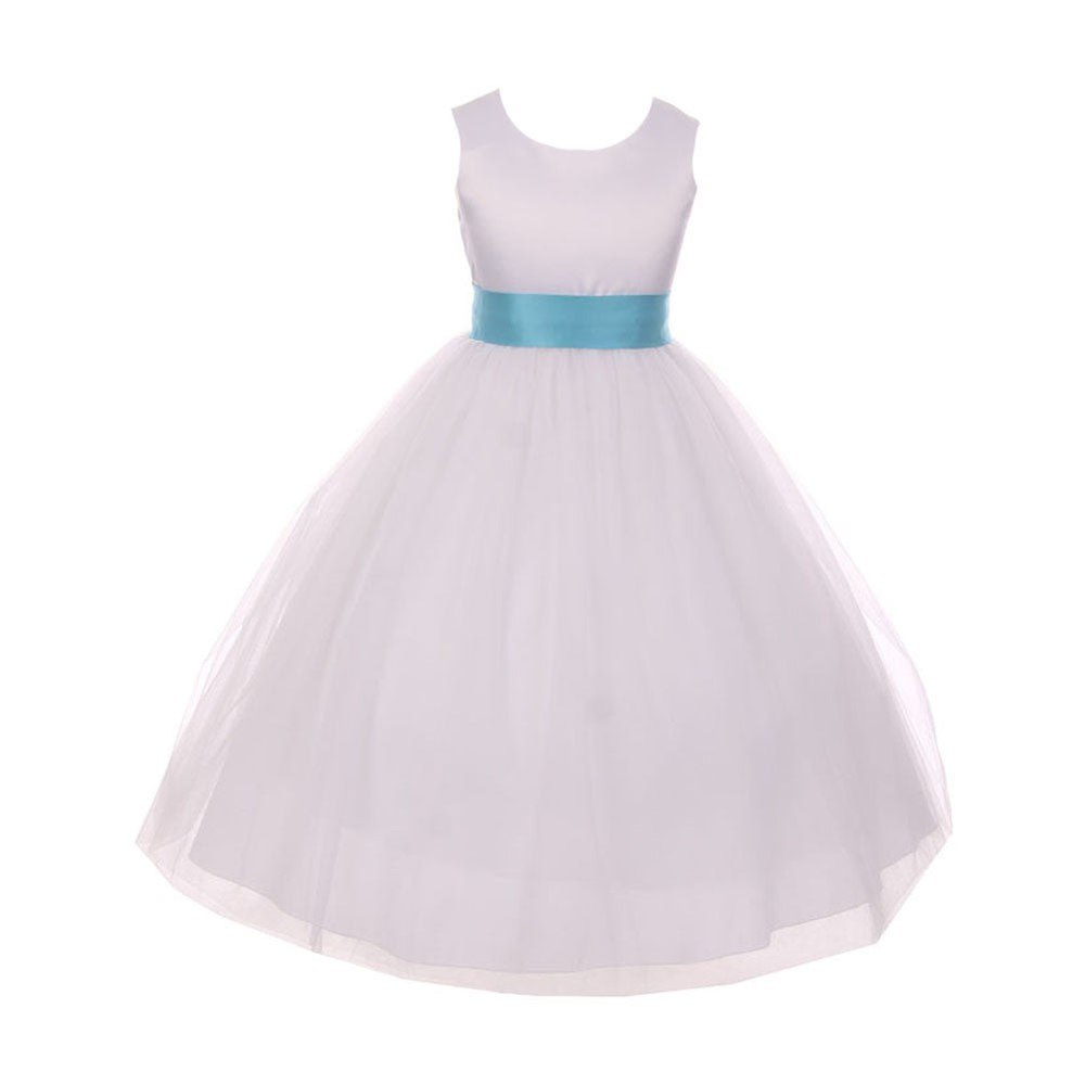 Big Girls White Aqua Satin Sash Bow Junior Bridesmaid Dress 8-14