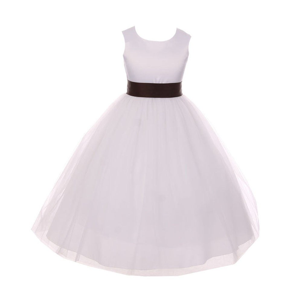 Big Girls White Brown Satin Sash Bow Junior Bridesmaid Dress 8-14