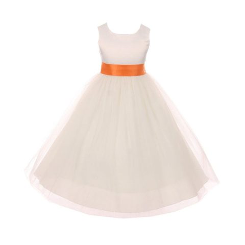 Little Girls Ivory Orange Tulle Satin Sash Bow Flower Girl Dress 2-6