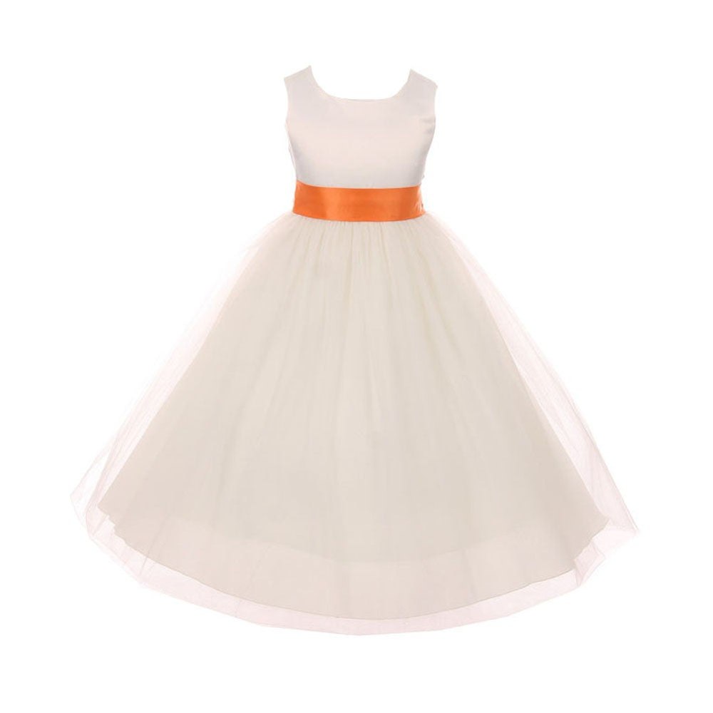 Little Girls Ivory Orange Tulle Satin Sash Bow Flower Girl Dress 2-6