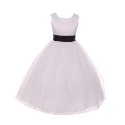 Little Girls White Black Tulle Satin Sash Bow Flower Girl Dress 2-6