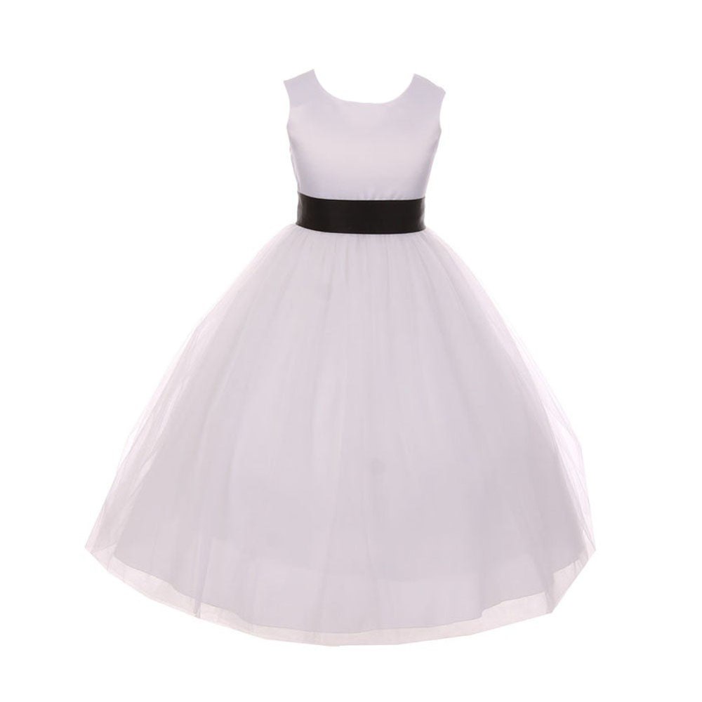 Little Girls White Black Tulle Satin Sash Bow Flower Girl Dress 2-6