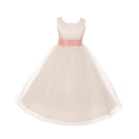 Big Girls Ivory Peach Satin Sash Bow Junior Bridesmaid Dress 8-14