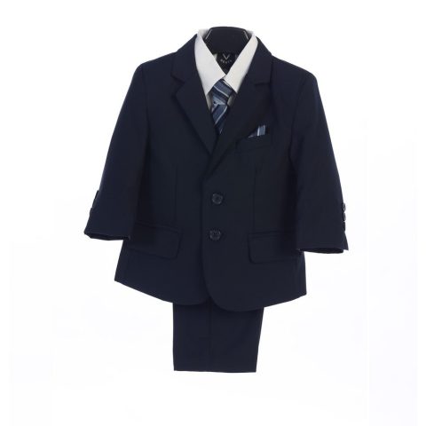 Boys Navy Jacket Vest Tie Pocket Square Shirt Pant 5 Pc Suit 2T-7