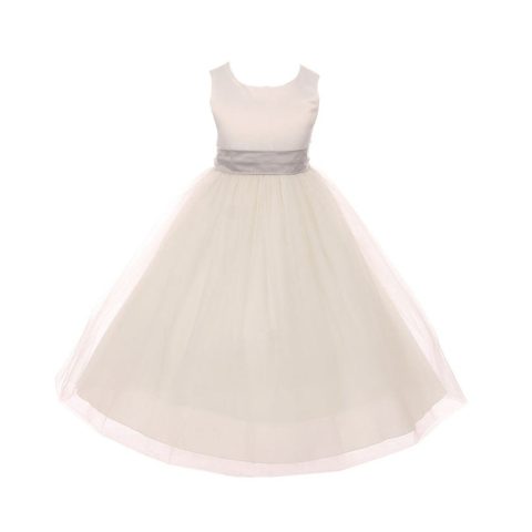 Little Girls Ivory Silver Tulle Satin Sash Bow Flower Girl Dress 2-6