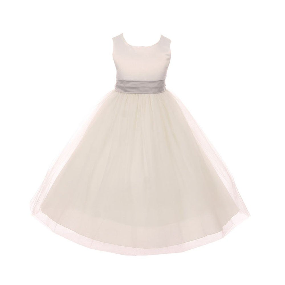 Little Girls Ivory Silver Tulle Satin Sash Bow Flower Girl Dress 2-6