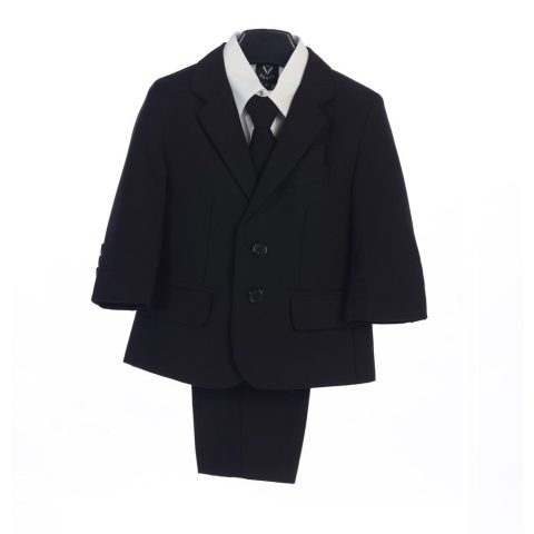 Boys Black Jacket Vest Tie Pocket Square Shirt Pant 5 Pc Suit 2T-7