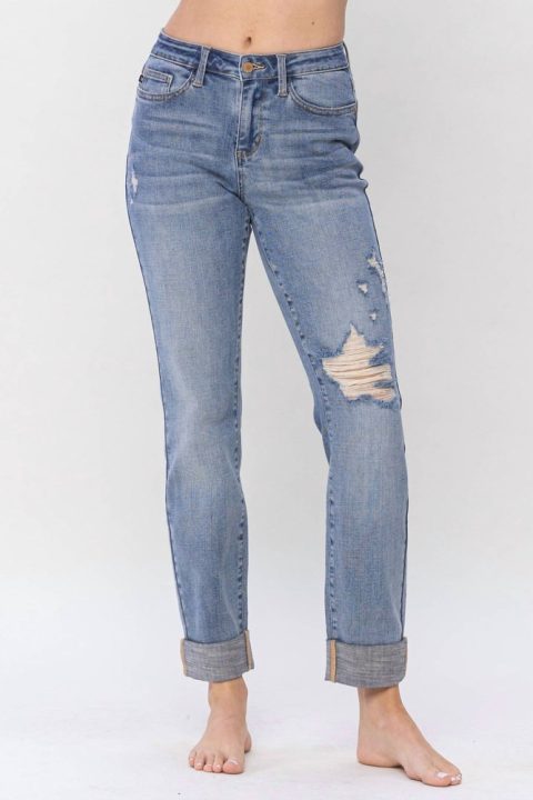 Mid Rise Distressed Boyfriend Jeans In Medium Wash