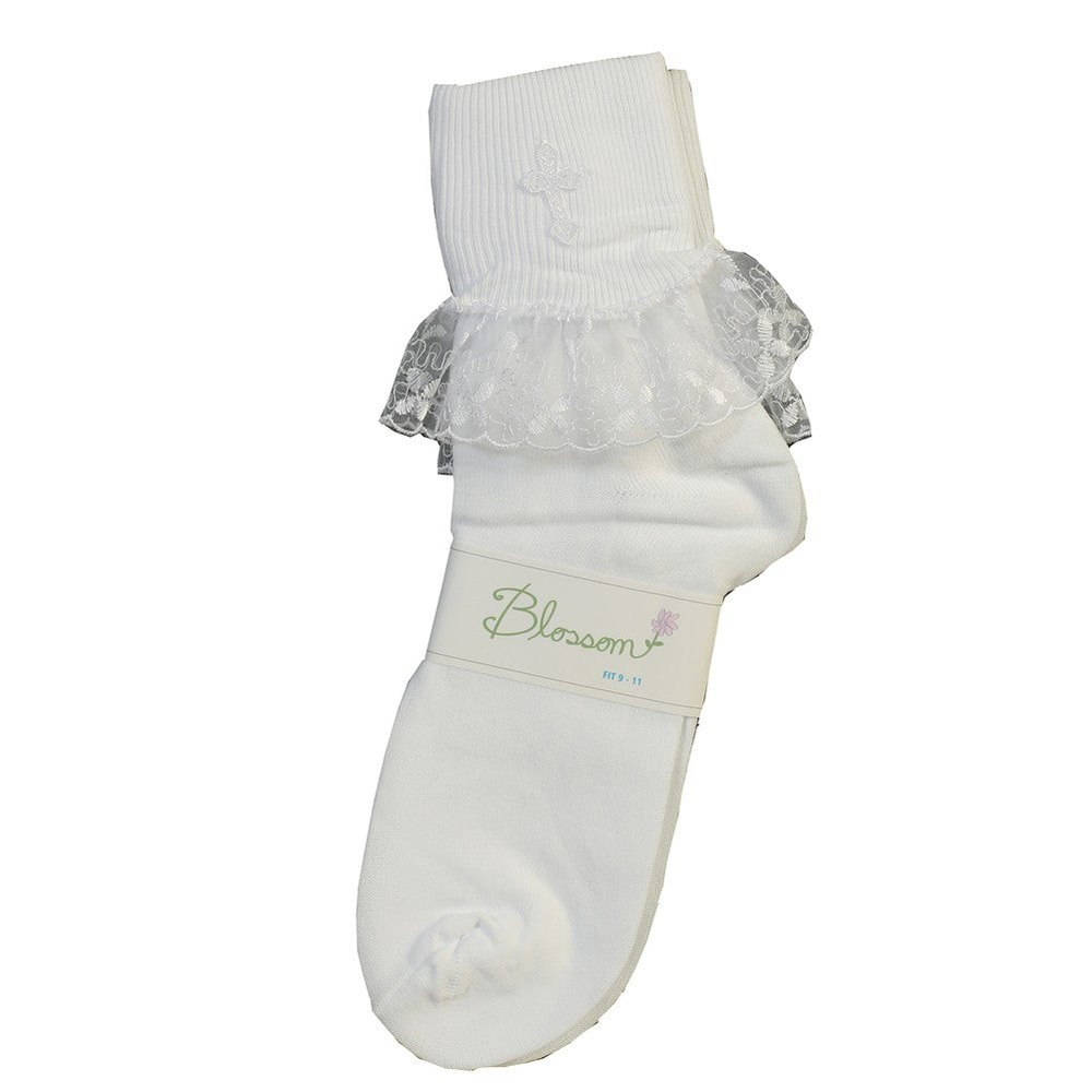 Girls White Embroidered Cross Communion Socks 7-11