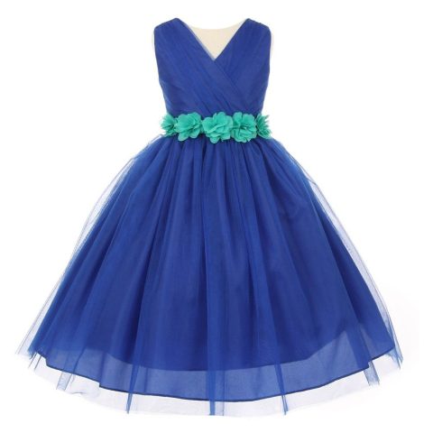 Big Girls Royal Blue Jade Chiffon Flowers Tulle Junior Bridesmaid Dress 8-14