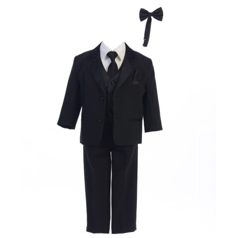 Boys Black Dinner Jacket Vest Bow Tie Zipper Tie Shirt Pant Tuxedo 2T-7