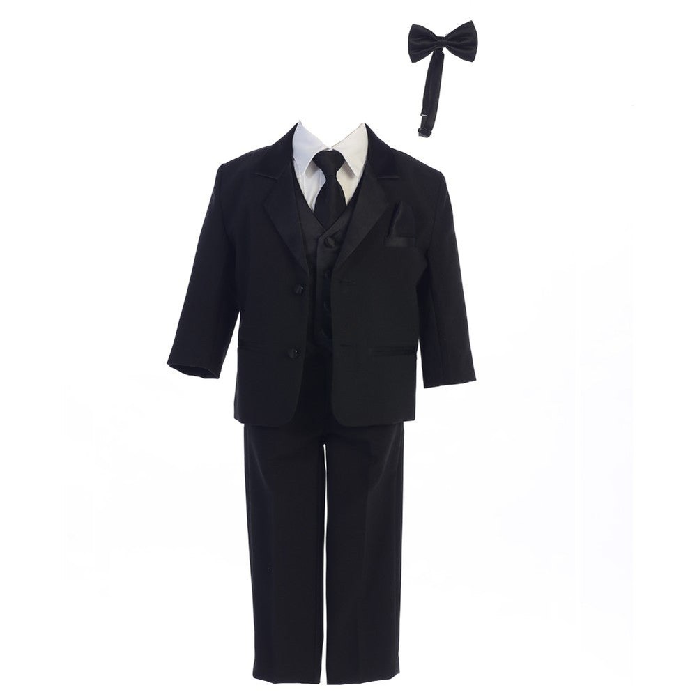 Boys Black Dinner Jacket Vest Bow Tie Zipper Tie Shirt Pant Tuxedo 2T-7
