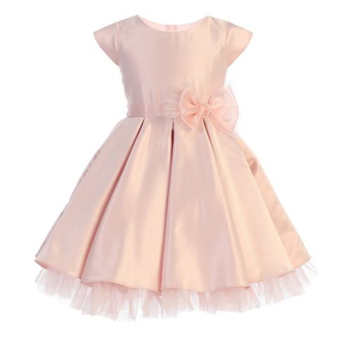 Little Girls Pink Full Pleated Satin Oversize Bow Easter Dress 2-6